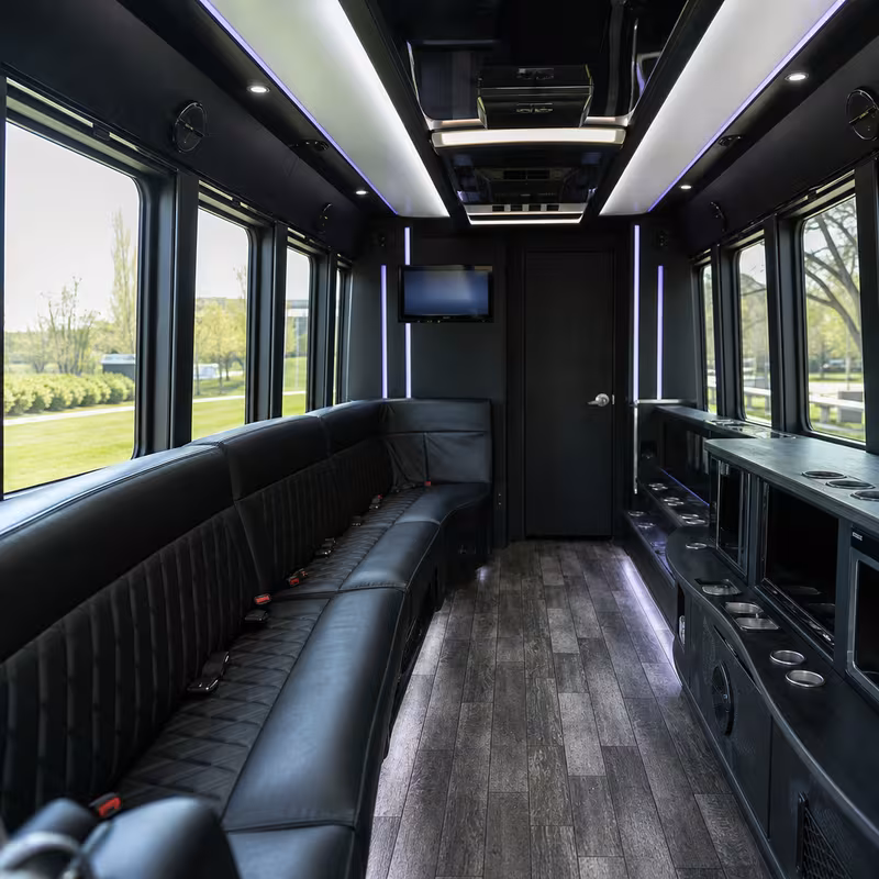 Passenger watching the Frederick scenery during a regional party bus road trip
