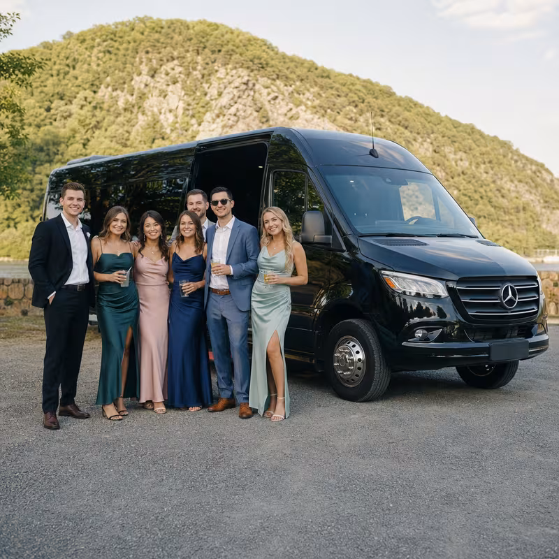 Group beside a Mercedes Sprinter limo from the Frederick fleet