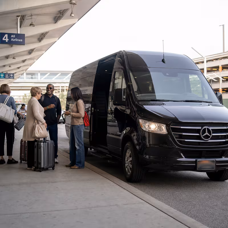 Group boarding a white charter bus for Airport Transportation transportation in Frederick