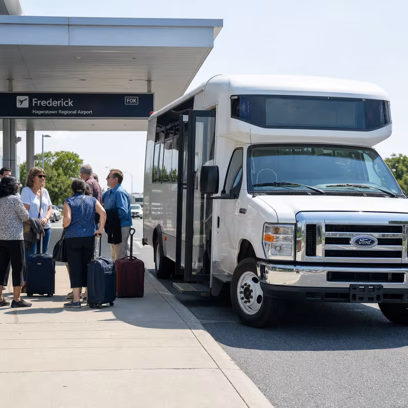 Black Mercedes Sprinter van staged for an Frederick Airport Transportation group