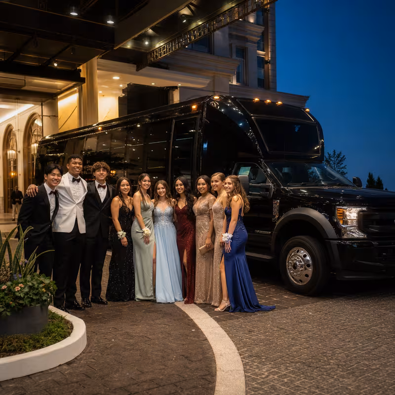 Party bus interior with wraparound leather seating and LED lighting in Frederick
