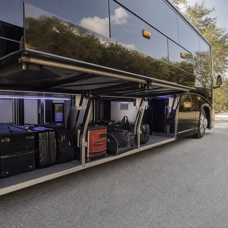 Party bus interior with wraparound leather seating and LED lighting in Frederick